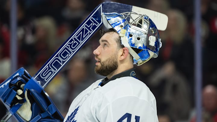 Apr 24, 2025; Ottawa, Ontario, CAN; Toronto Maple Leafs goalie Anthony Stolarz (41) looks up in game three of the first round of the 2025 Stanley Cup Playoffs against the  Ottawa Senators at Canadian Tire Centre. Mandatory Credit: Marc DesRosiers-Imagn Images