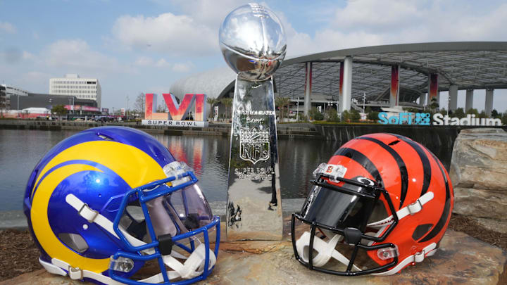 Feb 1, 2022; Inglewood, CA, USA; Los Angeles Rams and Cincinnati Bengals helmets are seen with a
