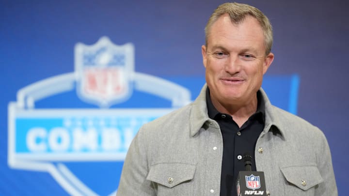 Feb 24, 2026; Indianapolis, IN, USA; San Francisco 49ers general manager John Lynch speaks at the NFL Scouting Combine at the Indiana Convention Center. Mandatory Credit: Kirby Lee-Imagn Images Feb 24, 2026; Indianapolis, IN, USA; San Francisco 49ers general manager John Lynch speaks at the NFL Scouting Combine at the Indiana Convention Center. Mandatory Credit: Kirby Lee-Imagn Images