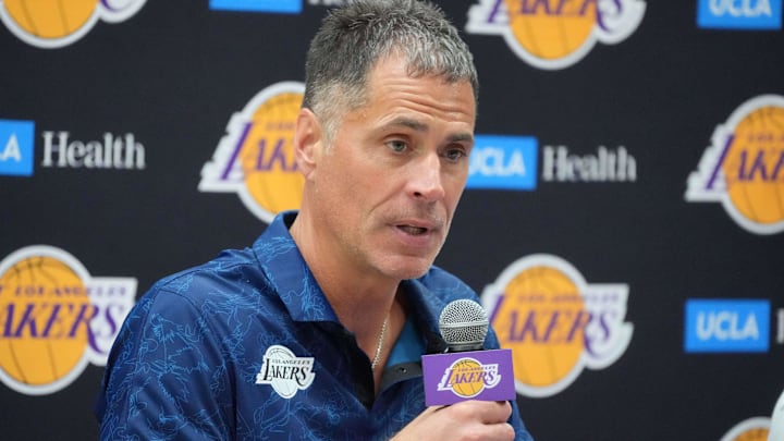 Los Angeles Lakers vice president of basketball operations and general manager Rob Pelinka at a press conference at the UCLA Health Training Center.