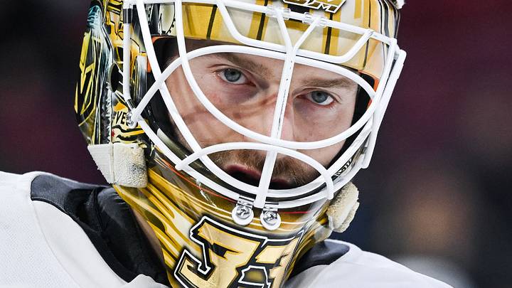 Nov 23, 2024; Montreal, Quebec, CAN; Las Vegas Golden Knights goalie Adin Hill (33) looks on against the Montreal Canadiens during the second period at Bell Centre. Mandatory Credit: David Kirouac-Imagn Images Nov 23, 2024; Montreal, Quebec, CAN; Las Vegas Golden Knights goalie Adin Hill (33) looks on against the Montreal Canadiens during the second period at Bell Centre. Mandatory Credit: David Kirouac-Imagn Images