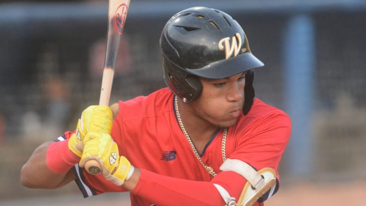 The Brockton Rox's D'Angelo Ortiz, son of Red Sox great David Ortiz, looks at a Sea Unicorn pitch during a game at Dodd Stadium in Norwich.
