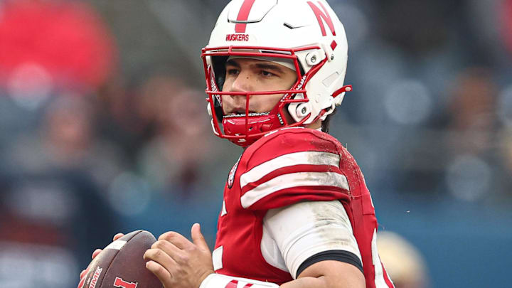 Dec 28, 2024; Bronx, NY, USA; Nebraska Cornhuskers quarterback Dylan Raiola (15) drops back to pass during the second half against the Boston College Eagles at Yankee Stadium. 