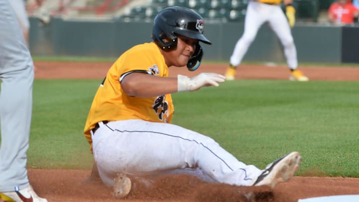 In the first inning, Erie SeaWolves baserunner Hao-Yu Lee steals third base against the New Hamshire Fisher Cats at UPMC Park in Erie on June 4, 2024.