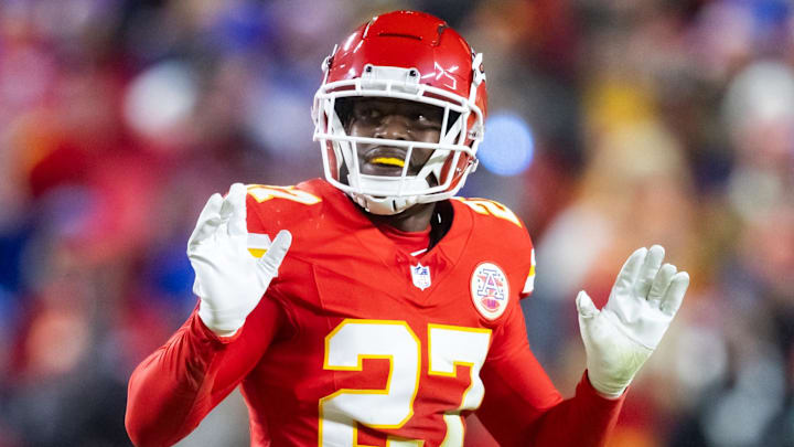 Jan 26, 2025; Kansas City, MO, USA; Kansas City Chiefs safety Chamarri Conner (27) against the Buffalo Bills in the AFC Championship game at GEHA Field at Arrowhead Stadium. Mandatory Credit: Mark J. Rebilas-Imagn Images