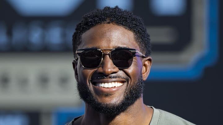Feb 6, 2022; Los Angeles, California, USA; Reggie Bush in attendance of the NASCAR Cup Series Busch Light Clash at The Coliseum at Los Angeles Memorial Coliseum. Mandatory Credit: Mark J. Rebilas-Imagn Images