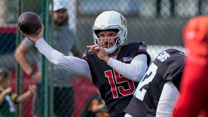 Arizona Cardinals quarterback Gardner Minshew II throws a pass during a joint practice with the Green Bay Packers on Wednesday, Aug. 26, 2026, at Clarke Hinkle Field in Ashwaubenon, Wisconsin.