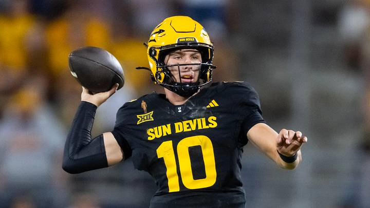 Arizona State Sun Devils quarterback Sam Leavitt against the Houston Cougars at Mountain America Stadium. Arizona State Sun Devils quarterback Sam Leavitt against the Houston Cougars at Mountain America Stadium.