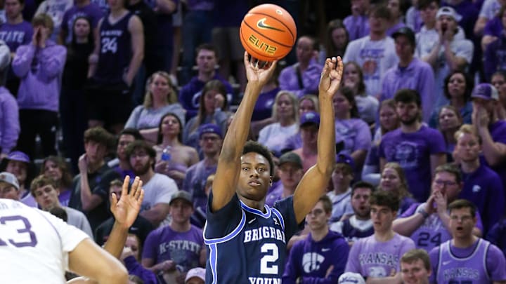 Feb 24, 2024; Manhattan, Kansas, USA; Brigham Young Cougars guard Jaxson Robinson (2) shoots during the second half against the Kansas State Wildcats at Bramlage Coliseum. Mandatory Credit: Scott Sewell-USA TODAY Sports