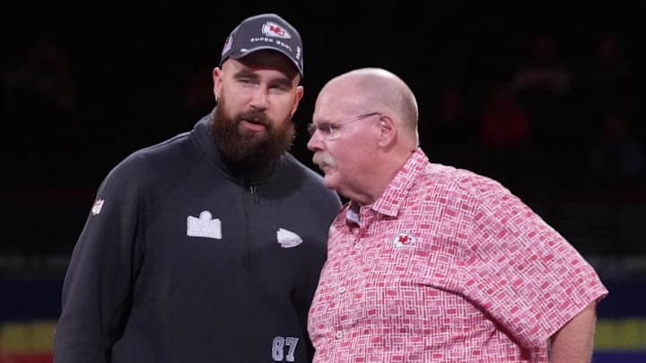 Feb 5, 2024; Las Vegas, NV, USA; Kansas City Chiefs tight end Travis Kelce (87) stands with head coach Andy Reid during Super Bowl LVIII Opening Night at Allegiant Stadium. Mandatory Credit: Kirby Lee-Imagn Images