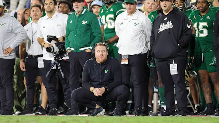 Dec 21, 2023; Boca Raton, FL, USA;  South Florida Bulls head coach Alex Golesh looks on as time expires against the Syracuse Orange in the fourth quarter during the RoofClaim.com Boca Raton Bowl at FAU Stadium. Mandatory Credit: Nathan Ray Seebeck-Imagn Images