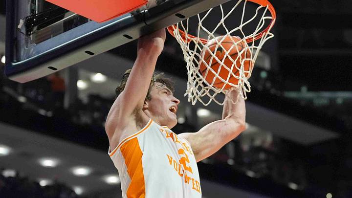 Tennessee's Cade Phillips (12) dunks the ball during a men’s college basketball game between Tennessee and South Carolina at Thompson-Boling Arena at Food City Center, Saturday, March 8, 2025. Tennessee's Cade Phillips (12) dunks the ball during a men’s college basketball game between Tennessee and South Carolina at Thompson-Boling Arena at Food City Center, Saturday, March 8, 2025.