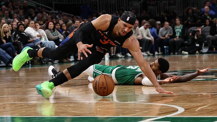 Oct 23, 2026; Boston, Massachusetts, USA; New York Knicks guard Josh Hart (3) tries to control a loose ball after colliding with Boston Celtics forward Paul George (13) during the second quarter at TD Garden. Mandatory Credit: Winslow Townson-Imagn Images