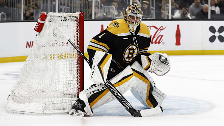 Nov 29, 2024; Boston, Massachusetts, USA; Boston Bruins goaltender Jeremy Swayman (1) during the first period against the Pittsburgh Penguins at TD Garden. Mandatory Credit: Winslow Townson-Imagn Images