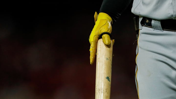 Sep 22, 2023; Cincinnati, Ohio, USA; Pittsburgh Pirates first baseman Connor Joe (2) holds a bat