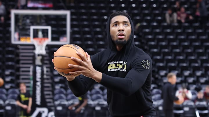 Apr 2, 2024; Salt Lake City, Utah, USA; Cleveland Cavaliers guard Donovan Mitchell (45) warms up before the game against the Utah Jazz at Delta Center. Mandatory Credit: Rob Gray-USA TODAY Sports Apr 2, 2024; Salt Lake City, Utah, USA; Cleveland Cavaliers guard Donovan Mitchell (45) warms up before the game against the Utah Jazz at Delta Center. Mandatory Credit: Rob Gray-USA TODAY Sports