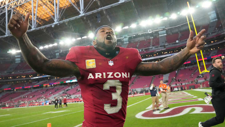 Arizona Cardinals safety Budda Baker (3) celebrates after beating the New York Jets 31-6 at State Farm Stadium in Glendale on Nov. 10, 2024. Arizona Cardinals safety Budda Baker (3) celebrates after beating the New York Jets 31-6 at State Farm Stadium in Glendale on Nov. 10, 2024.