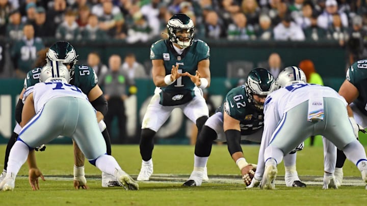 Oct 16, 2022; Philadelphia, Pennsylvania, USA; Philadelphia Eagles quarterback Jalen Hurts (1) waits