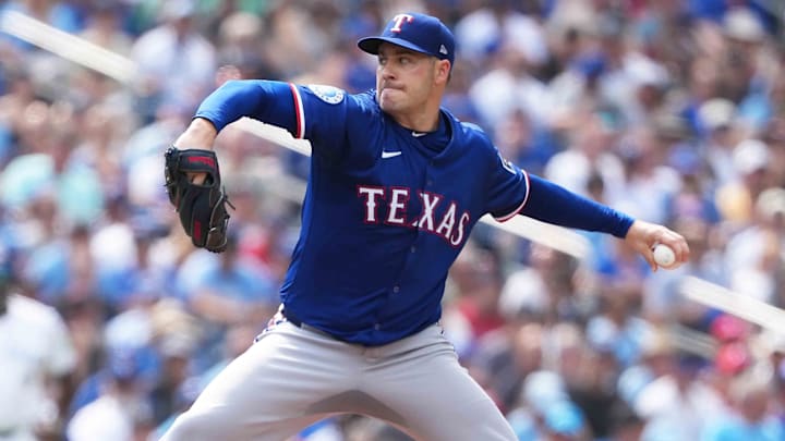 Aug 16, 2025; Toronto, Ontario, CAN; Texas Rangers starting pitcher Patrick Corbin (46) throws a pitch against the Toronto Blue Jays  during the the first inning at Rogers Centre. 