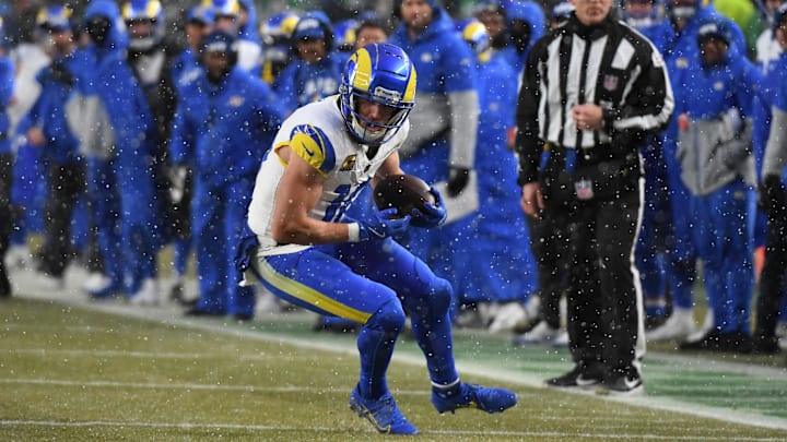 Jan 19, 2025; Philadelphia, Pennsylvania, USA; Los Angeles Rams wide receiver Cooper Kupp (10) catches a pass against the Philadelphia Eagles in the first half in a 2025 NFC divisional round game at Lincoln Financial Field. Mandatory Credit: Eric Hartline-Imagn Images