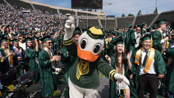 The Duck joins Oregon graduates of the class of 2025 in dancing to “Shout” at Autzen Stadium in Eugene.