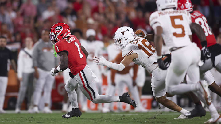 Georgia Bulldogs wide receiver Zachariah Branch (1) runs the ball in the first half against the Texas Longhorns at Sanford Stadium. Georgia Bulldogs wide receiver Zachariah Branch (1) runs the ball in the first half against the Texas Longhorns at Sanford Stadium.