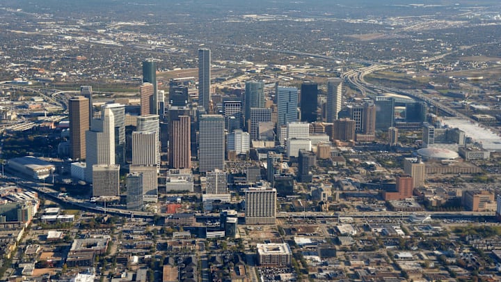 Jan 3, 2016; Houston, TX, USA; A general aerial view of the downtown Houston skyline prior to the game between the Jacksonville Jaguars and the Houston Texans at NRG Stadium. Mandatory Credit: Kirby Lee-Imagn Images