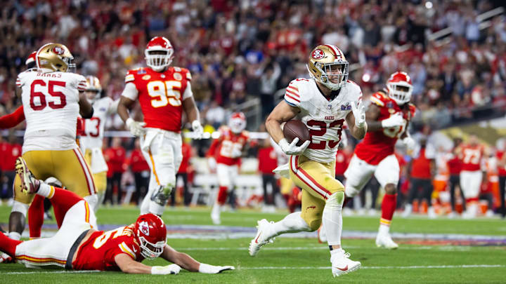 Feb 11, 2024; Paradise, Nevada, USA; San Francisco 49ers running back Christian McCaffrey (23) scores a touchdown in the first half of Super Bowl LVIII at Allegiant Stadium. Mandatory Credit: Mark J. Rebilas-Imagn Images Feb 11, 2024; Paradise, Nevada, USA; San Francisco 49ers running back Christian McCaffrey (23) scores a touchdown in the first half of Super Bowl LVIII at Allegiant Stadium. Mandatory Credit: Mark J. Rebilas-Imagn Images