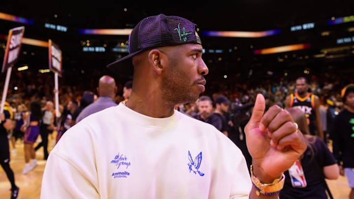 May 7, 2023; Phoenix, Arizona, USA; Phoenix Suns injured guard Chris Paul against the Denver Nuggets