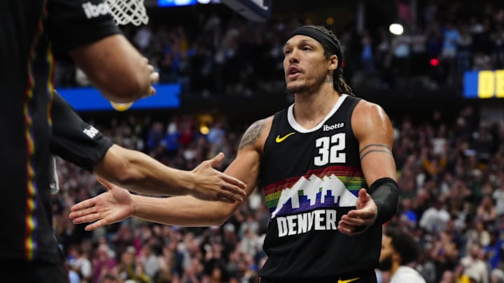 Apr 4, 2026; Denver, Colorado, USA; Denver Nuggets forward Aaron Gordon (32) reacts during the second half against the San Antonio Spurs at Ball Arena. Mandatory Credit: Ron Chenoy-Imagn Images
