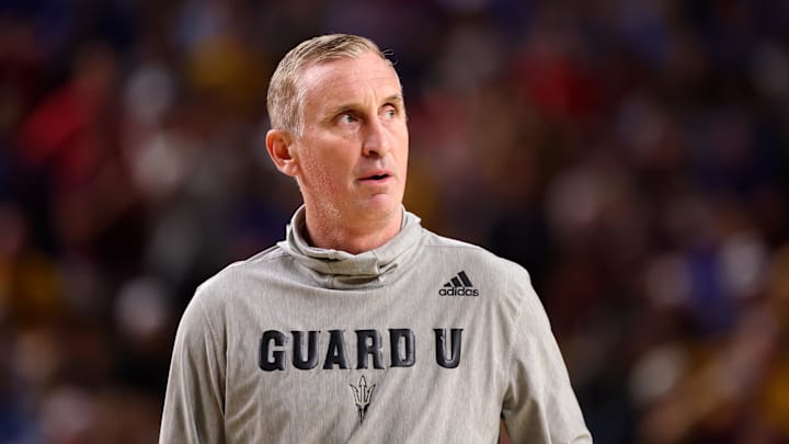 Mar 3, 2026; Tempe, Arizona, USA; Arizona State Sun Devils head coach Bobby Hurley against the Kansas Jayhawks in the first half at Desert Financial Arena. Mandatory Credit: Mark J. Rebilas-Imagn Images