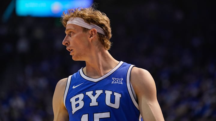 Jan 24, 2026; Provo, Utah, USA; BYU Cougars guard Richie Saunders (15) looks on during the first half against the Utah Utes at Marriott Center. Mandatory Credit: Aaron Baker-Imagn Images
