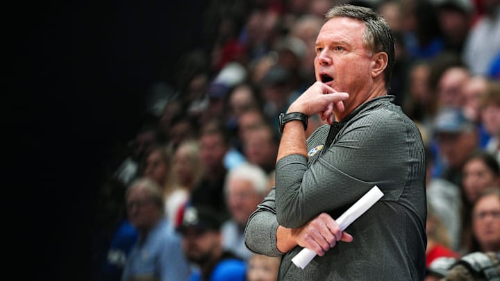 Nov 19, 2024; Lawrence, Kansas, USA; Kansas Jayhawks head coach Bill Self reacts during the second half against the North Carolina-Wilmington Seahawks at Allen Fieldhouse. Mandatory Credit: Jay Biggerstaff-Imagn Images