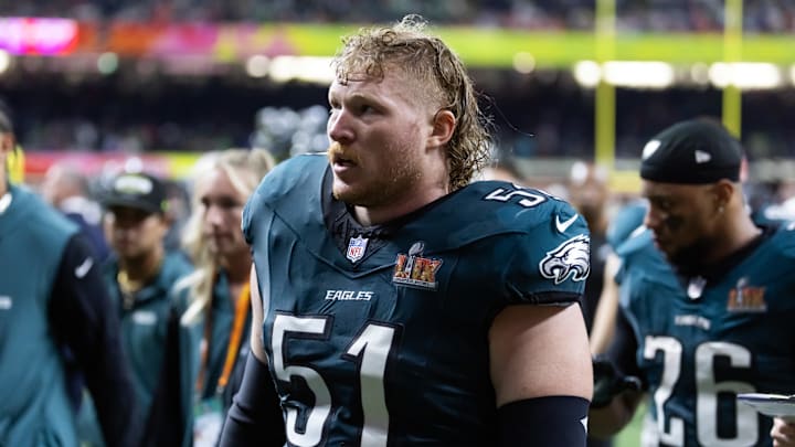 Philadelphia Eagles center Cam Jurgens against the Kansas City Chiefs during Super Bowl LIX at Ceasars Superdome Philadelphia Eagles center Cam Jurgens against the Kansas City Chiefs during Super Bowl LIX at Ceasars Superdome