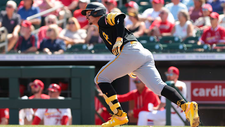 Mar 1, 2026; Jupiter, Florida, USA; Pittsburgh Pirates shortstop Konnor Griffin (75) hits a two-run home run against the St. Louis Cardinals during the first inning at Roger Dean Chevrolet Stadium. Mandatory Credit: Sam Navarro-Imagn Images