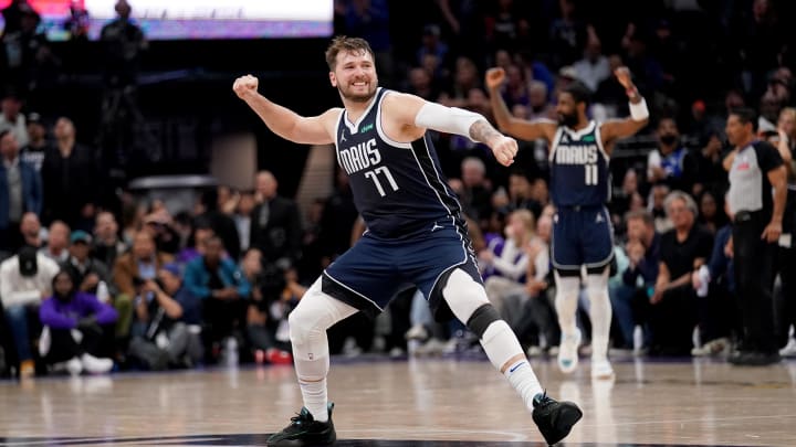 Mar 29, 2024; Sacramento, California, USA; Dallas Mavericks guard Luka Doncic (77) celebrates after