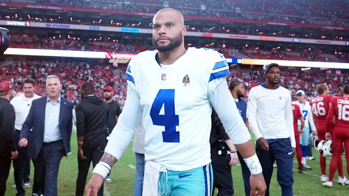 Sep 24, 2023; Glendale, Arizona, USA; Dallas Cowboys quarterback Dak Prescott (4) leaves the field