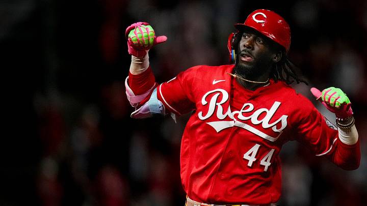 Cincinnati Reds shortstop Elly de la Cruz (44) runs the bases after hitting a home run in the MLB National League game between the Cincinnati Reds and the Colorado Rockies at Great American Ball Park in downtown Cincinnati on Tuesday, April 28, 2026.