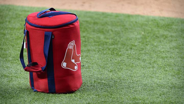 Apr 29, 2021; Arlington, Texas, USA; A view of the Boston Red Sox logo and a field bag during batting practice before the game between the Texas Rangers and the Boston Red Sox at Globe Life Field. Mandatory Credit: Jerome Miron-Imagn Images