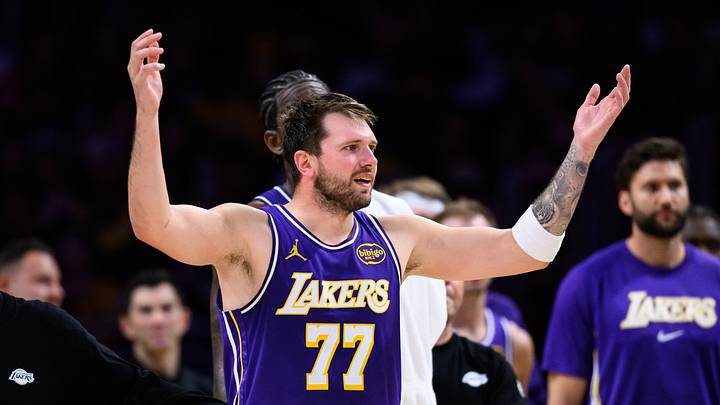 Mar 27, 2026; Los Angeles, California, USA; Los Angeles Lakers guard Luka Doncic (77) reacts during the second half against the Brooklyn Nets at Crypto.com Arena. Mandatory Credit: William Liang-Imagn Images Mar 27, 2026; Los Angeles, California, USA; Los Angeles Lakers guard Luka Doncic (77) reacts during the second half against the Brooklyn Nets at Crypto.com Arena. Mandatory Credit: William Liang-Imagn Images
