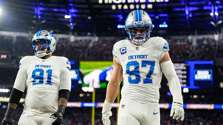 Detroit Lions edge rusher Aidan Hutchinson (97), right, and defensive lineman Tyleik Williams (91) warm up ahead of the game between Detroit Lions and Buffalo Bills at Highmark Stadium in Orchard Park, N.Y., on Thursday, Sept. 17, 2026.