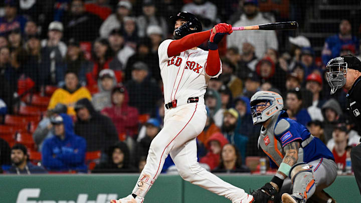 May 19, 2025; Boston, Massachusetts, USA; Boston Red Sox catcher Carlos Narvaez (75) hits a double against the New York Mets during the eighth inning at Fenway Park. Mandatory Credit: Eric Canha-Imagn Images May 19, 2025; Boston, Massachusetts, USA; Boston Red Sox catcher Carlos Narvaez (75) hits a double against the New York Mets during the eighth inning at Fenway Park. Mandatory Credit: Eric Canha-Imagn Images