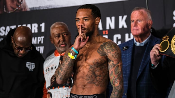 WBA Super Lightweight Champion Lamont Roach steps on the scale and makes weight on February 28, 2025.