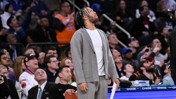 Apr 1, 2025; New York, New York, USA; New York Knicks guard Jalen Brunson  reacts to a call during the second half against the Philadelphia 76ers at Madison Square Garden. Mandatory Credit: John Jones-Imagn Images