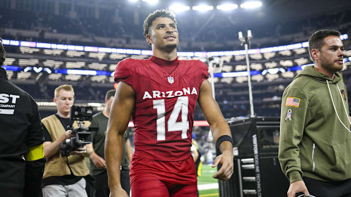 Nov 3, 2025; Arlington, Texas, USA; Arizona Cardinals wide receiver Michael Wilson (14) walks off the field after the game between the Dallas Cowboys and the Arizona Cardinals at AT&T Stadium. 