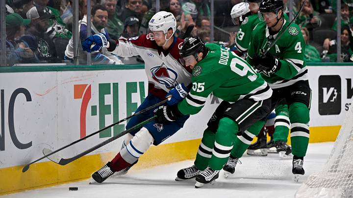 Apr 4, 2026; Dallas, Texas, USA; Colorado Avalanche center Martin Necas (88) and Dallas Stars center Matt Duchene (95) battle for the puck during the game between the Stars and the Avalanche at American Airlines Center. Mandatory Credit: Jerome Miron-Imagn Images Apr 4, 2026; Dallas, Texas, USA; Colorado Avalanche center Martin Necas (88) and Dallas Stars center Matt Duchene (95) battle for the puck during the game between the Stars and the Avalanche at American Airlines Center. Mandatory Credit: Jerome Miron-Imagn Images