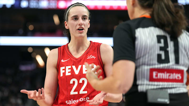 Jun 19, 2025; San Francisco, California, USA; Indiana Fever guard Caitlin Clark (22) argues with referee Amy Bonner (31) during the second quarter against the Golden State Valkyries at Chase Center. Mandatory Credit: Darren Yamashita-Imagn Images Jun 19, 2025; San Francisco, California, USA; Indiana Fever guard Caitlin Clark (22) argues with referee Amy Bonner (31) during the second quarter against the Golden State Valkyries at Chase Center. Mandatory Credit: Darren Yamashita-Imagn Images