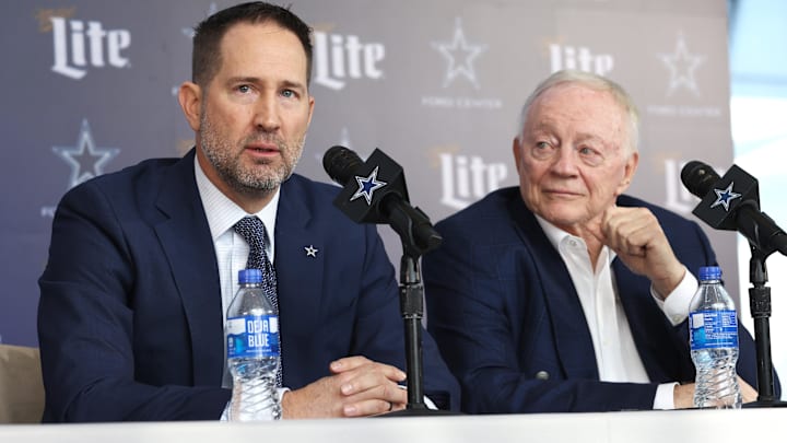 Dallas Cowboys Head Coach Brian Schottenheimer and owner Jerry Jones speak to the media at a press conference at the Star. 