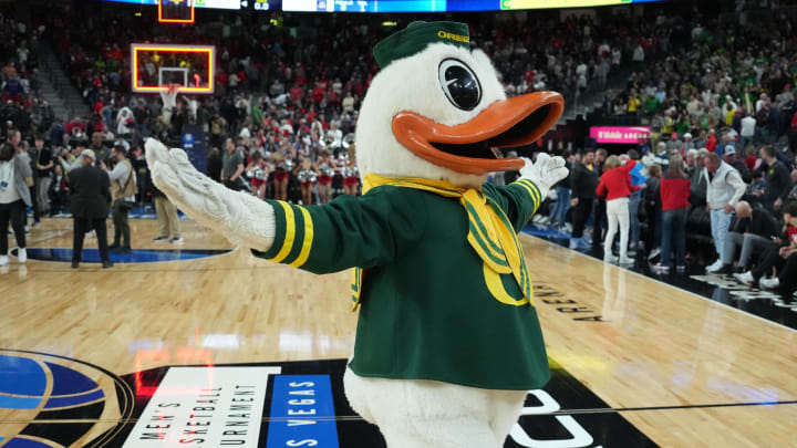 Mar 15, 2024; Las Vegas, NV, USA; The Oregon Ducks mascot gestures after a game against the Arizona Wildcats at T-Mobile Arena.