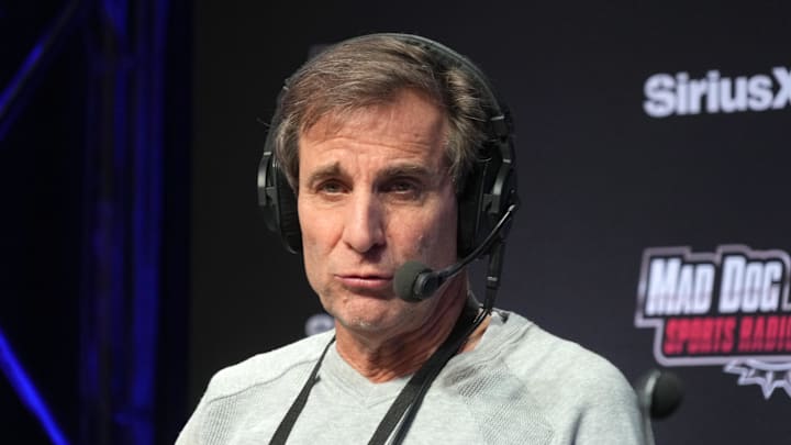 Feb 6, 2024; Las Vegas, NV, USA; Chris Russo on the SiriusXM Mad Dog Sports Radio set on radio row at the Super Bowl 58 media center at the Mandalay Bay resort and casino. Mandatory Credit: Kirby Lee-Imagn Images